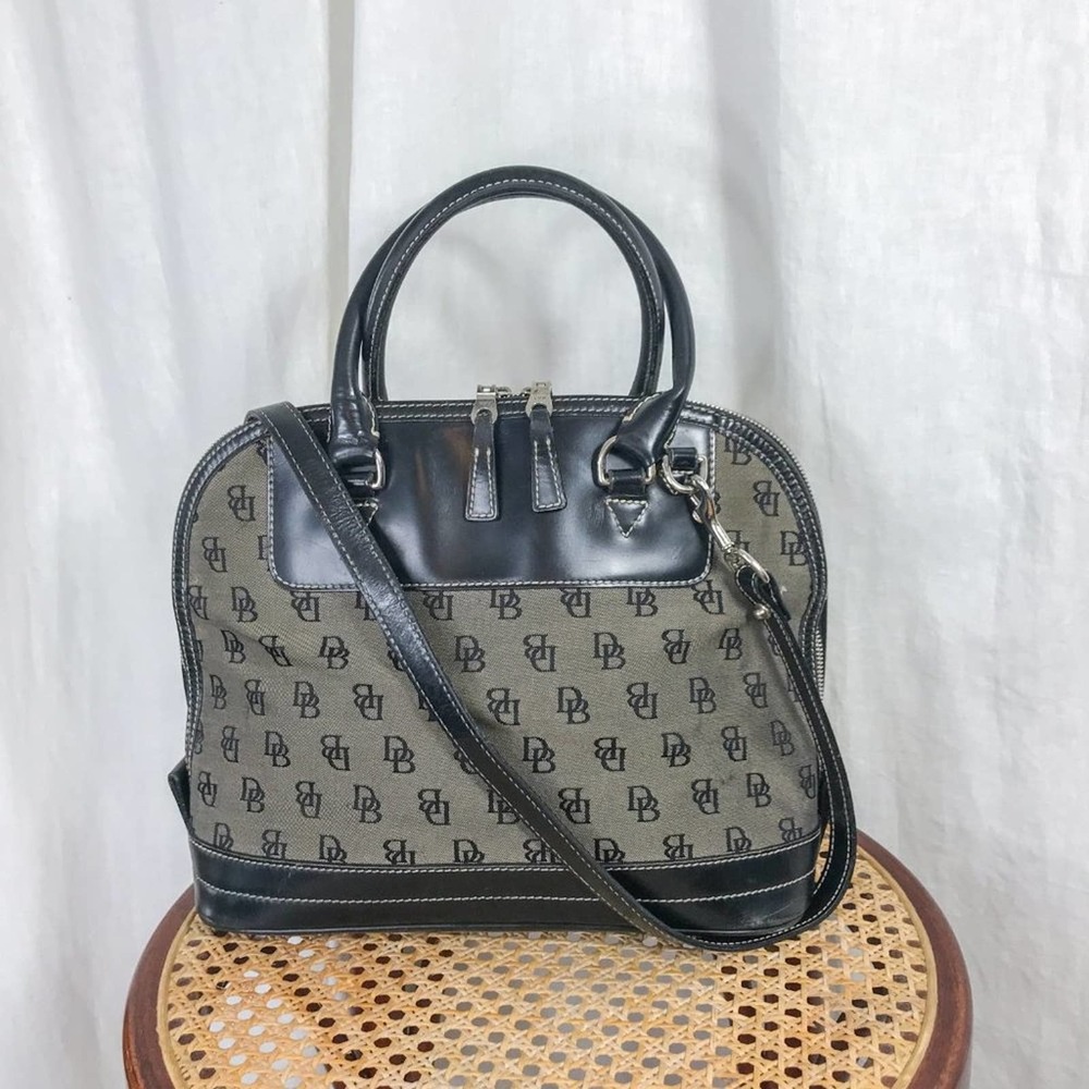 Dooney & Bourke Black Signature Top Zip Satchel with Long Strap grey canvas logo